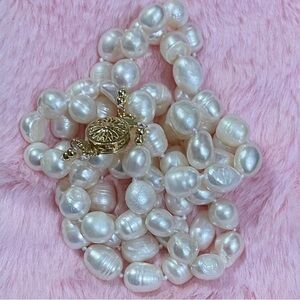 Natural White Baroque South Sea Pearl Double layered Necklace with Gold Clasp